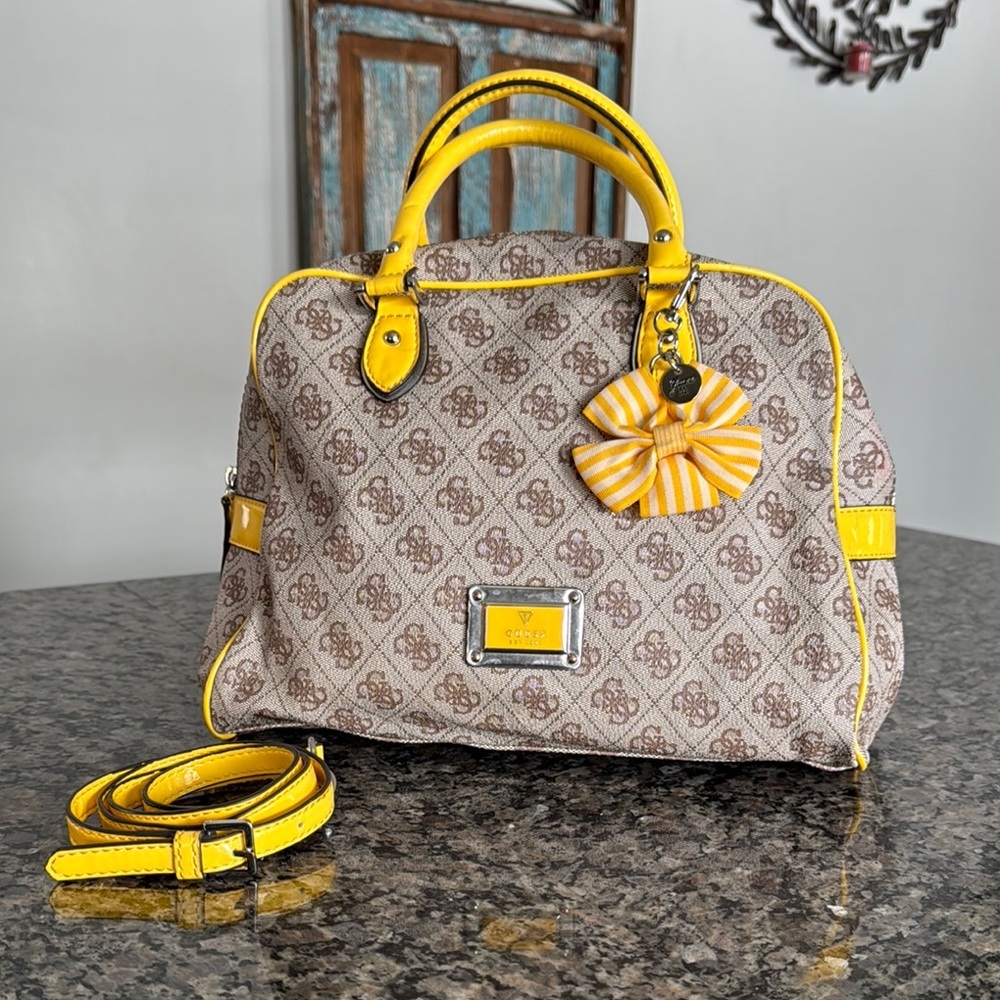 Guess Beige Monogram Satchel with Yellow Trim